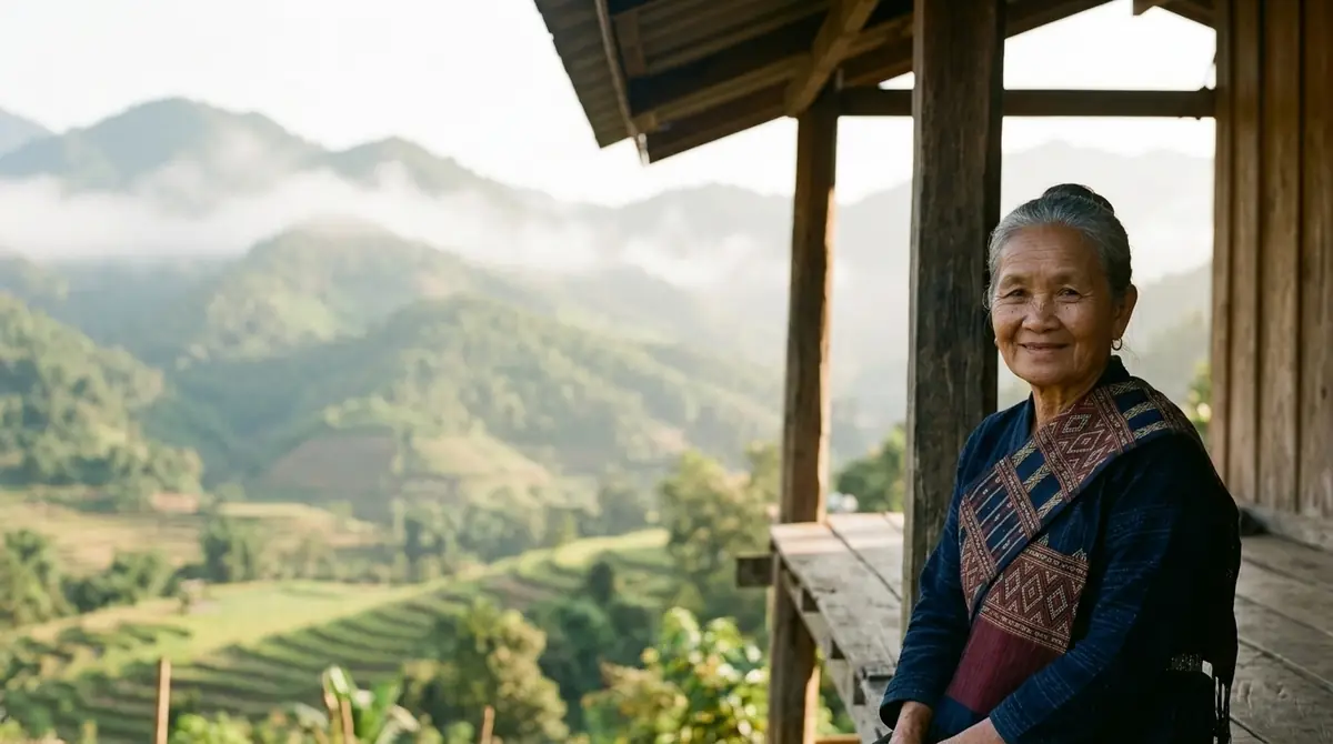 Grandma Waen sitting on a wooden porch with green mountains and mist behind her